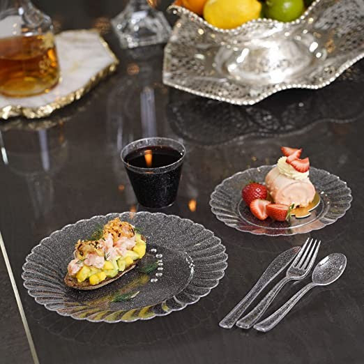 150 Pcs Plastic Silver Dinnerware Set ~ Plates Cutlery & Cups Combo for 25 Guests Glittered Sliver - Decodine