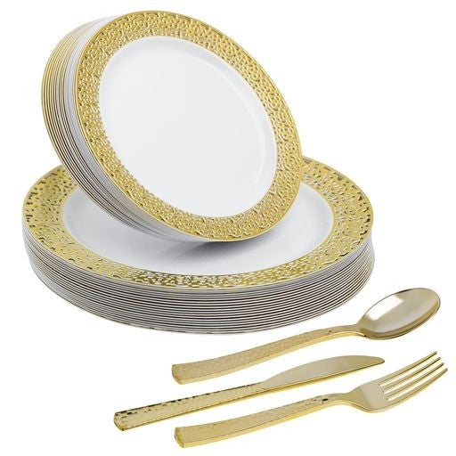 Party Set Lace Gold Rim Design Serves 20 - Decodine