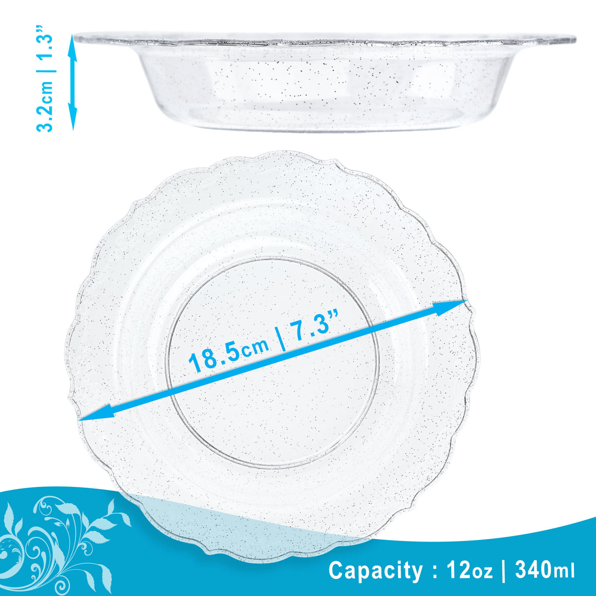 Pack of 10 Glittered Silver 12oz Plastic Party/Soup Bowls - Decodine