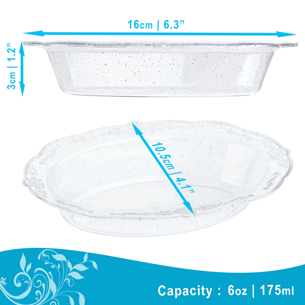 Pack of 10 Glittered Silver 6oz Plastic Mini Dessert Bowls - Decodine