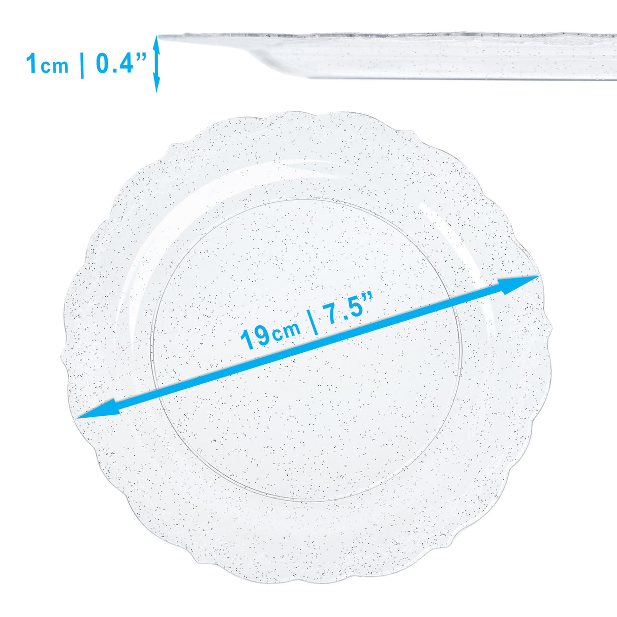 Pack of 10 Glittered Silver "7.5 Plastic Party Plates 19cm - Decodine