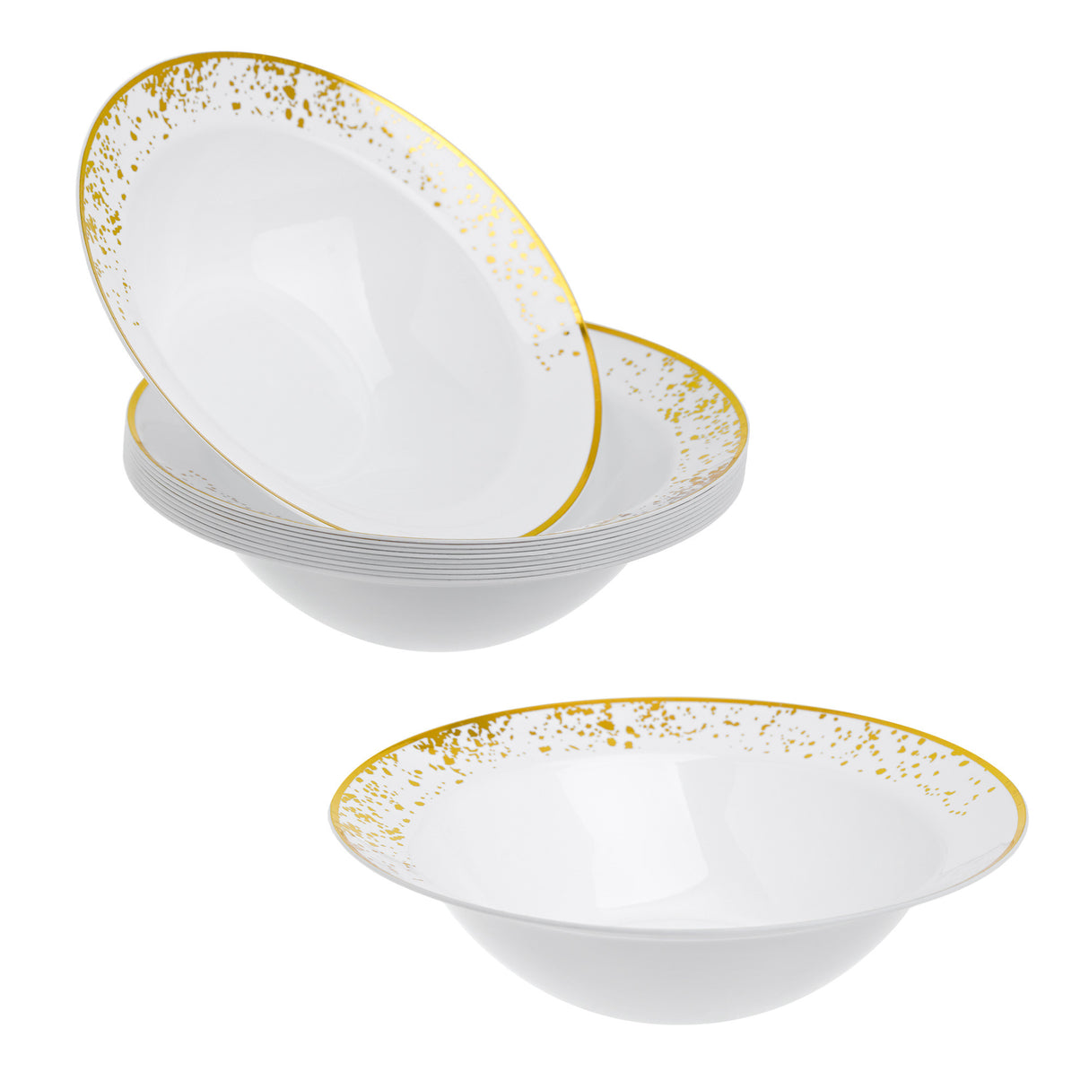Pack of 10 Hard Plastic 10oz Bowls - White with Gold Polka Dots - Lightweight and Perfect for Parties and Soups - Decodine
