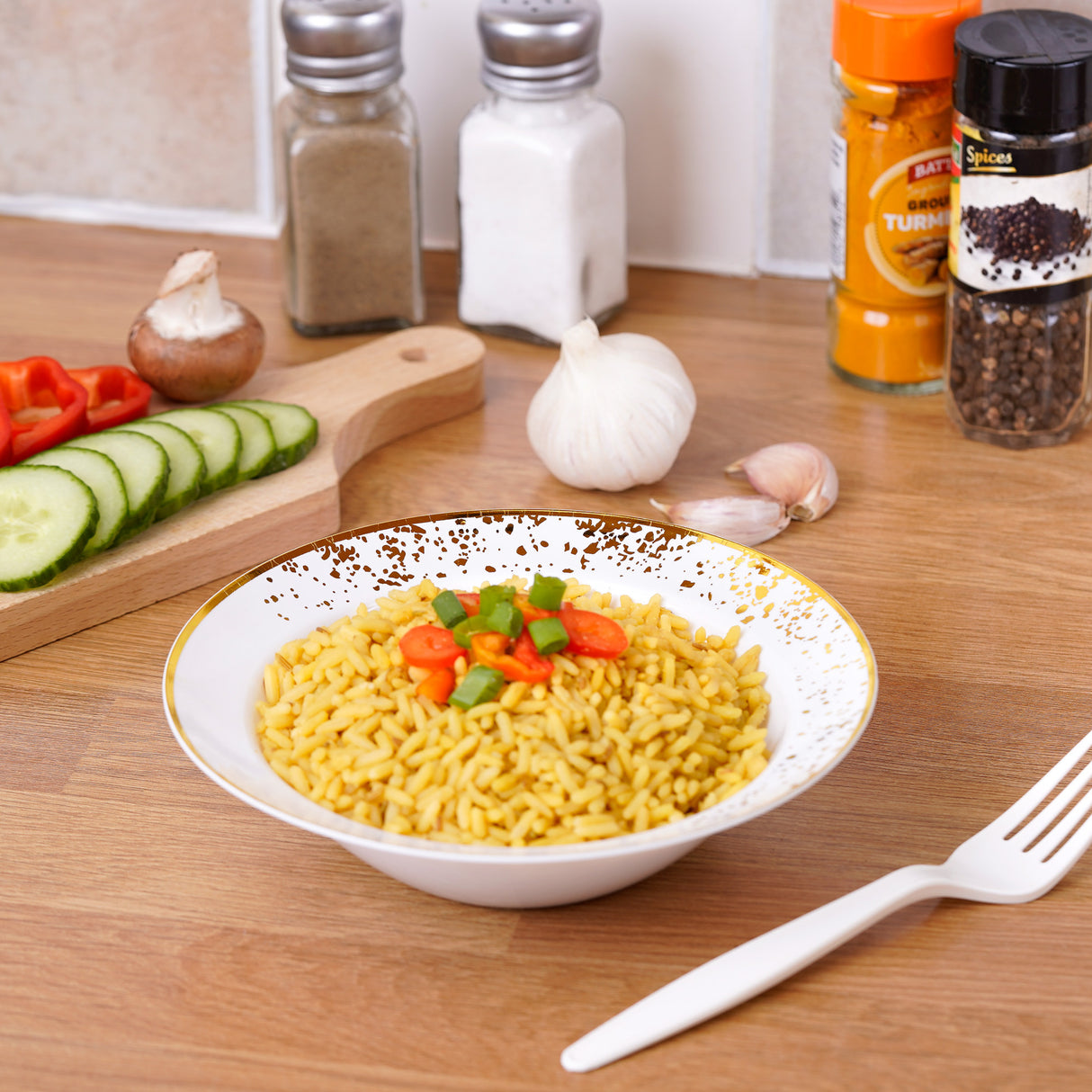 Pack of 10 Hard Plastic 10oz Bowls - White with Gold Polka Dots - Lightweight and Perfect for Parties and Soups - Decodine