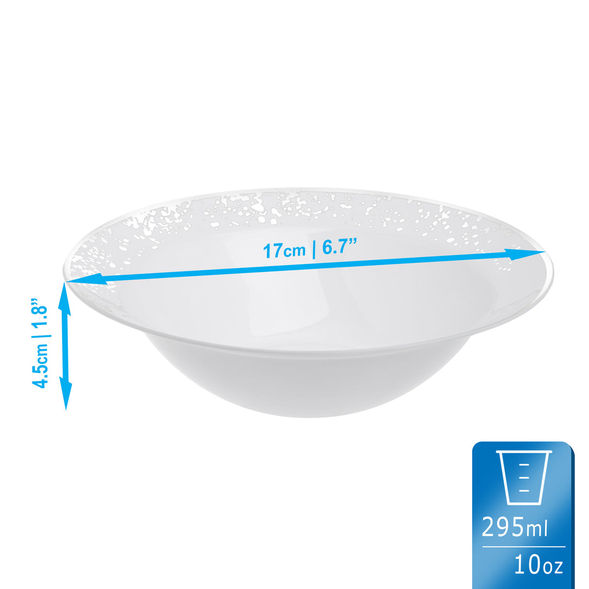 Pack of 10 Hard Plastic Bowls 10oz - White with Silver Polka Dots - Lightweight and Perfect for Parties and Soups - Decodine