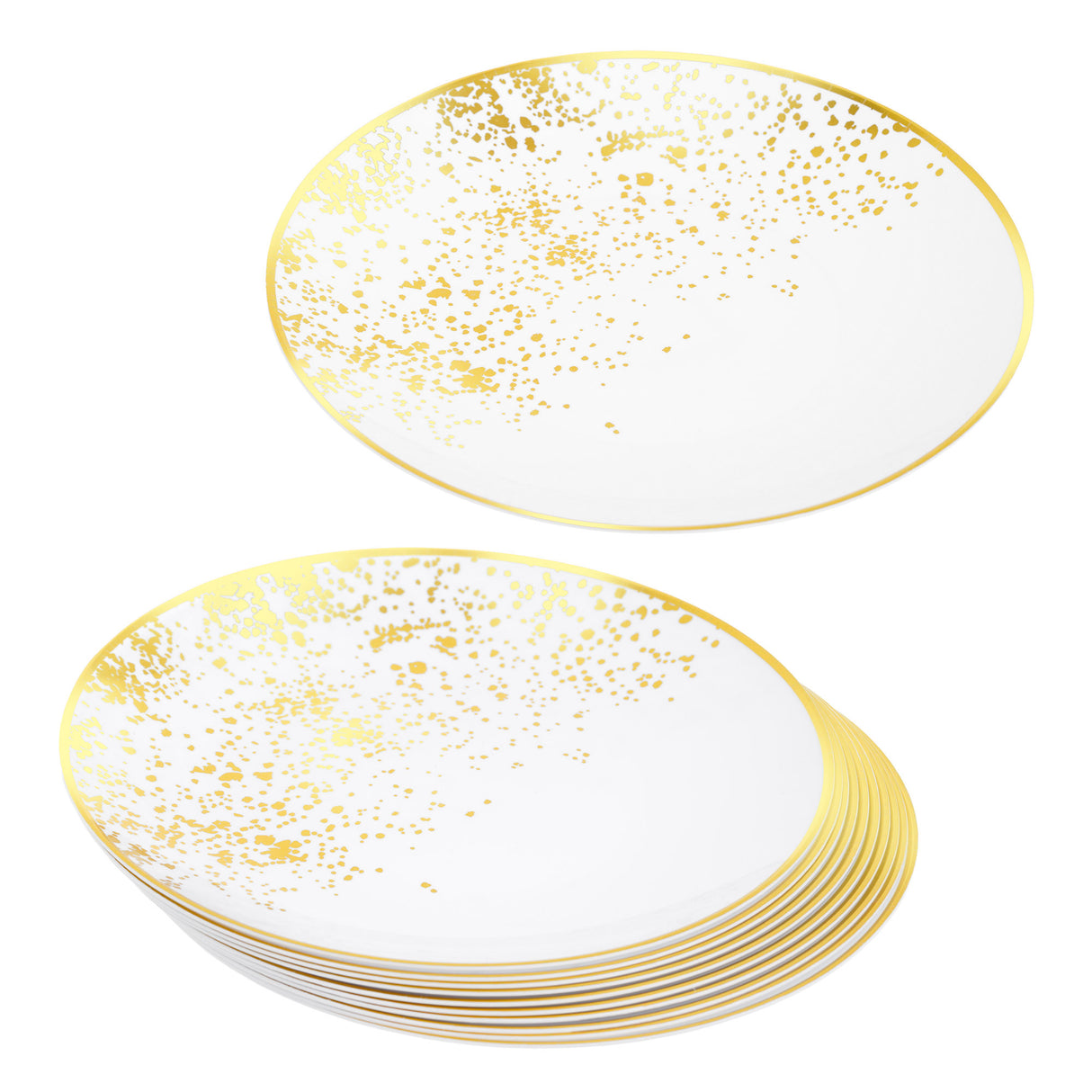 Pack of 10 Hard Plastic Plates 9" - White with Gold Polka Dots - Lightweight and Versatile - Decodine