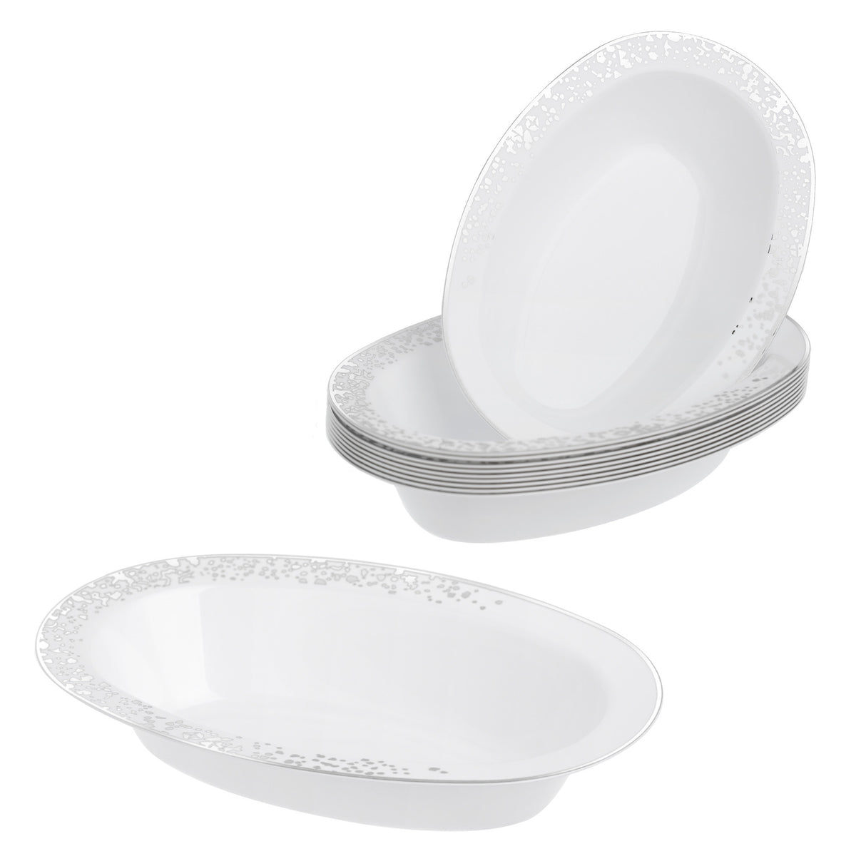 Pack of 10 Oval Serving Bowls - White with Silver Polka Dots - Versatile 7oz Size for Elegant Presentations - Decodine