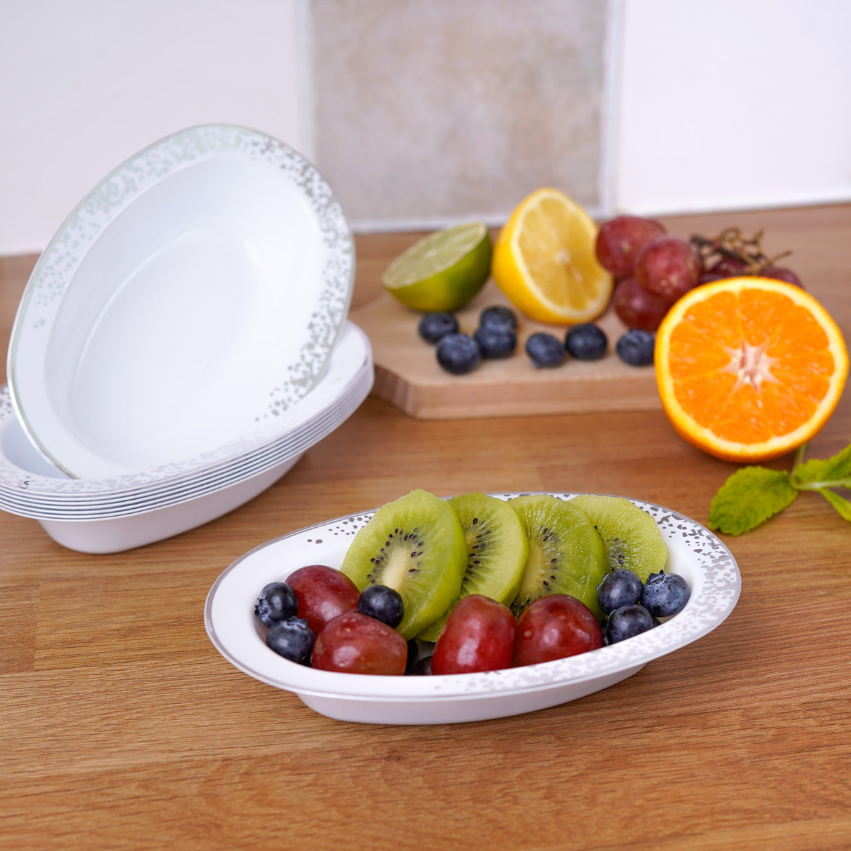 Pack of 10 Oval Serving Bowls - White with Silver Polka Dots - Versatile 7oz Size for Elegant Presentations - Decodine