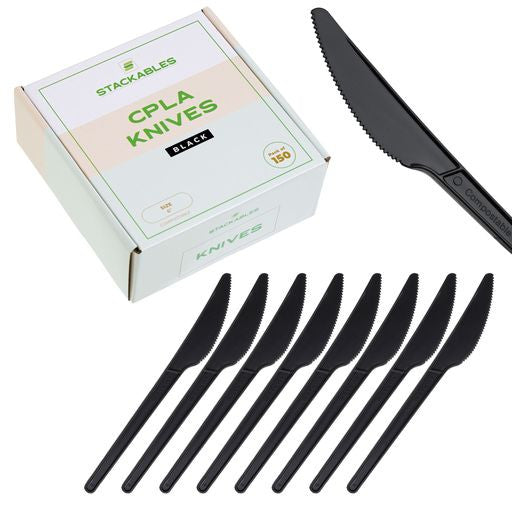 Pack of 150 6" Black CPLA Disposable Knives - Decodine