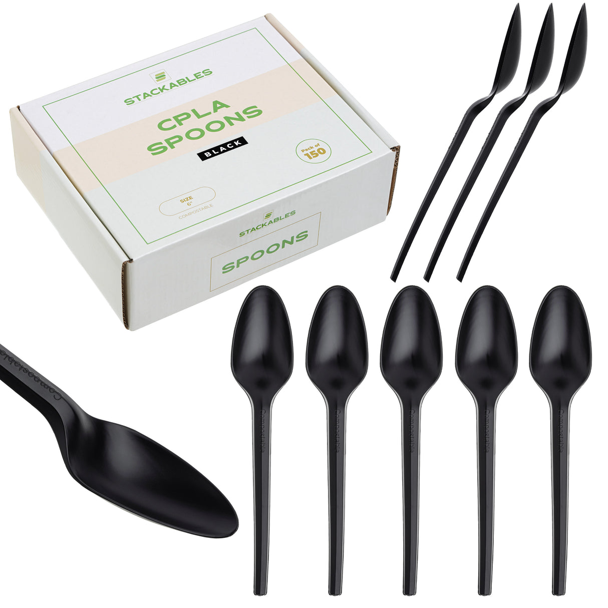 Pack of 150 6" Black CPLA biodegradable Disposable Spoons - Decodine