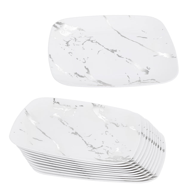 10 Pack White and Silver Marble-Look Square 8.5" Dinner Plates - Decodine