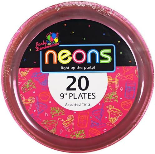 20 Pack 9" Assorted Colored Hard Plastic Plates - Neon Red, Purple, Blue, and Green - Decodine