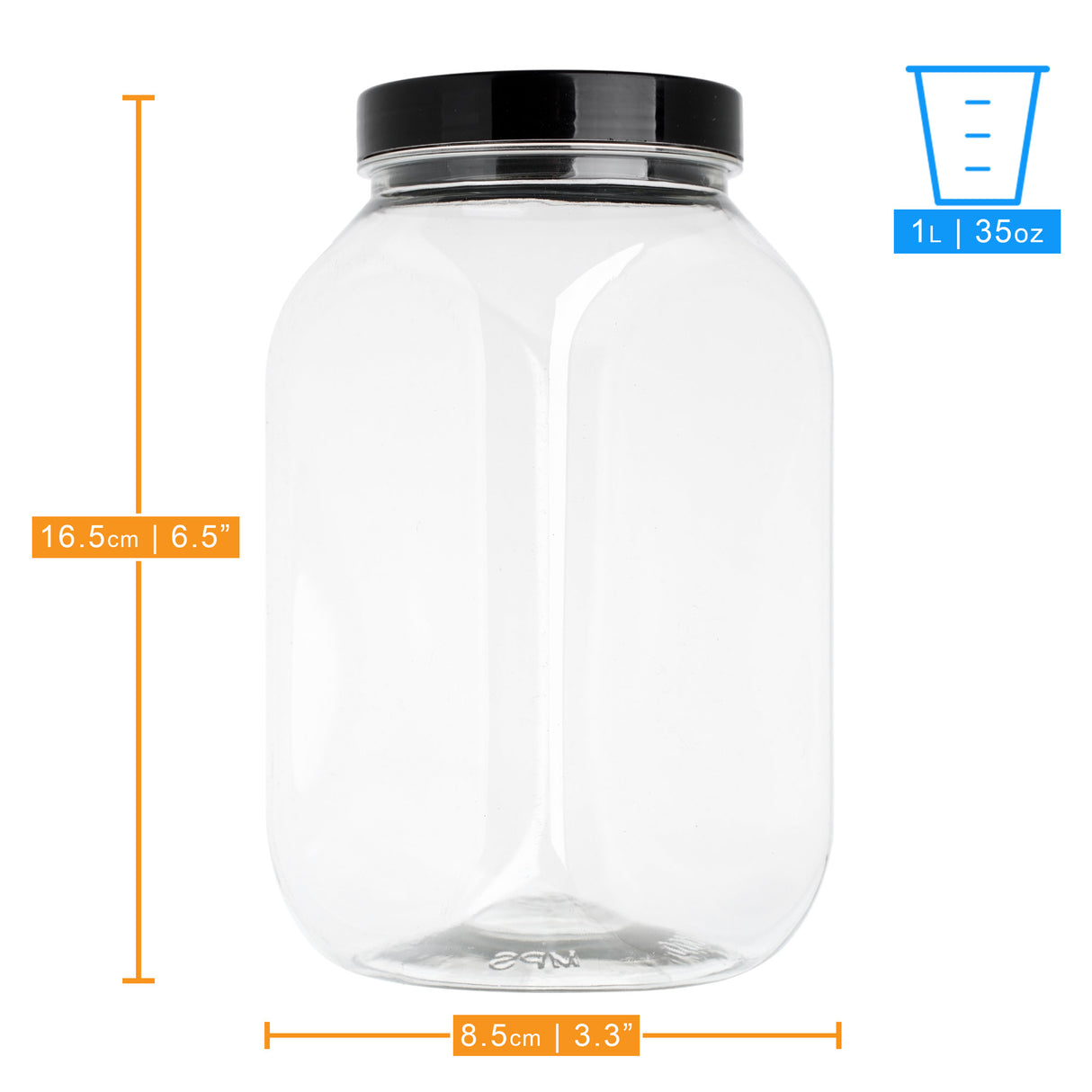 Plastic Jars with Lids 1000ml - 1 Litre Refillable Canisters Cylinder Clear Storage Containers with Airtight Black Lids for Kitchen use, Dry Foods, Sweets, Spices - Decodine