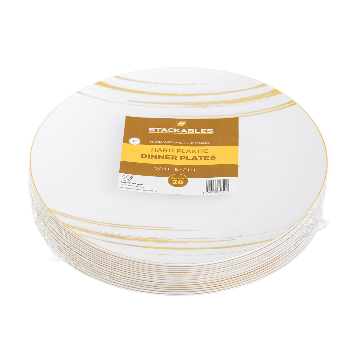 20 Pack 9" White & Gold Designed Plastic Plates - Decodine