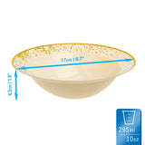 Pack of 10 Hard Plastic 10oz Bowls - Ivory Cream with Gold Polka Dots - Lightweight and Perfect for Parties and Soups - Decodine