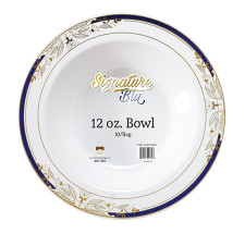 10 Pack China-Look Round Hard Plastic  12oz Bowls - White/Gold/Cobalt Blue