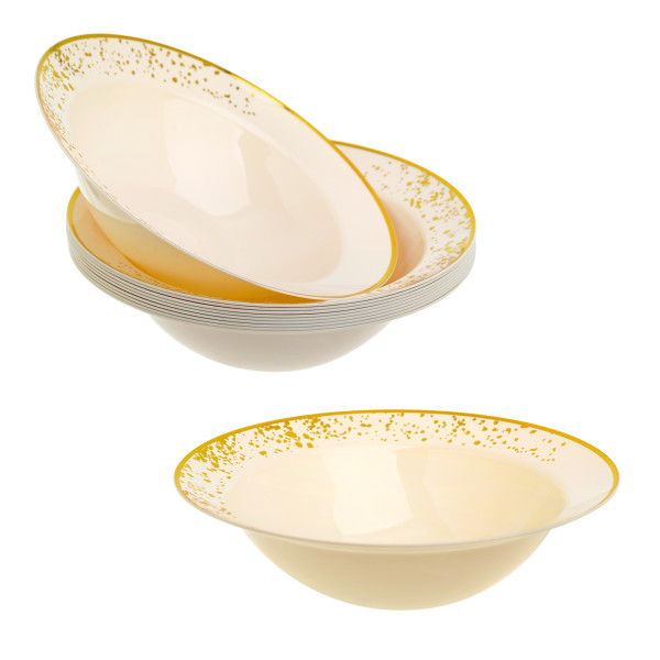 Pack of 10 Hard Plastic 10oz Bowls - Ivory Cream with Gold Polka Dots - Lightweight and Perfect for Parties and Soups