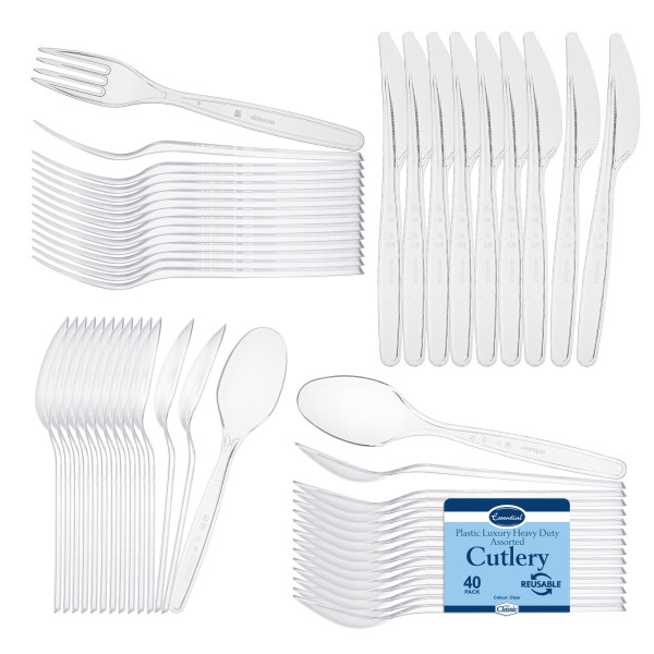 40 Combo Pack of Reusable Clear Plastic Spoons/Forks/Knives/Teaspoons (10 of Each) - Dishwasher and Microwave Safe