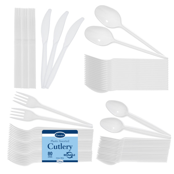80 Combo Pack of Reusable White Plastic Spoons/Forks/Knives/Teaspoons (20 of Each) - Dishwasher and Microwave Safe
