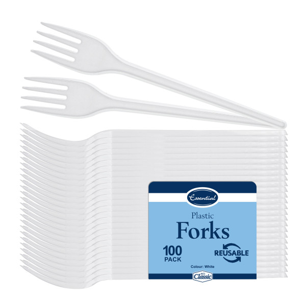 100 Pack Reusable White Plastic Forks - Dishwasher and Microwave Safe