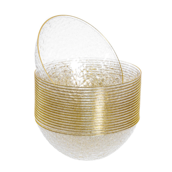 20 Pack 16oz Glittered Gold Plastic Bowls Hammered Designed with Gold Rim