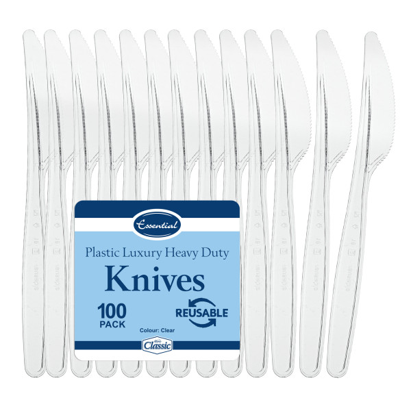 100 Pack Reusable Clear Plastic Knives - Dishwasher and Microwave Safe