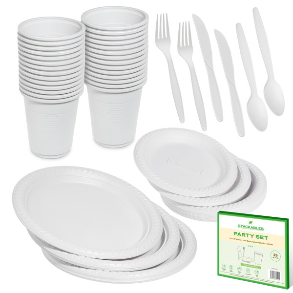 Eco-Friendly 150 Pc White Party Set Serves 25 People  - 7-Inch Plates, 10-Inch Plates, 12oz Cups, Spoons, Forks, Knives - Made of Cornstarch