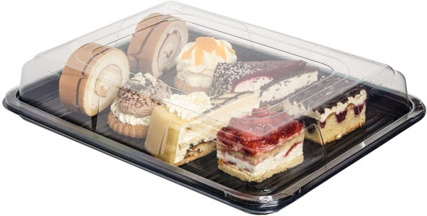 5 Pack 39cm x 29cm Plastic Black Buffet Serving Trays with Clear Lids