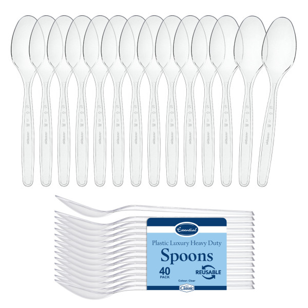 40 Pack Reusable Clear Plastic Spoons - Dishwasher and Microwave Safe