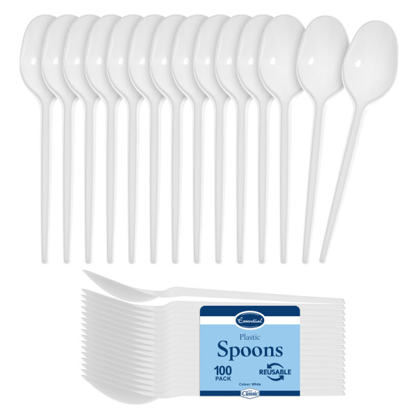 100 Pack Reusable White Plastic Spoons - Dishwasher and Microwave Safe