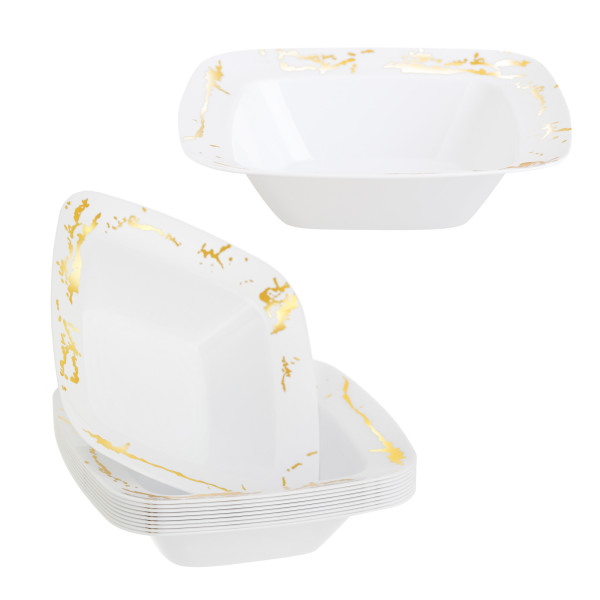 10 Pack Hard Plastic White and Gold Marble-Look Small Dessert 5oz Square Bowls