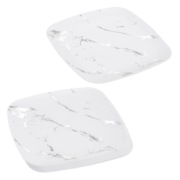 10 Pack White and Silver Marble-Look Square 7.5" Dinner Plates