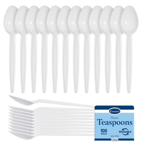 100 Pack Reusable White Plastic Teaspoons/Dessert Spoons - Dishwasher and Microwave Safe