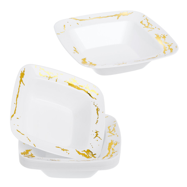 10 Pack Elegant White and Gold Marble-Look Square Hard Plastic 12oz Bowls