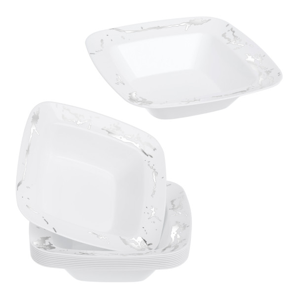 10 Pack Elegant White and Silver Marble-Look Square Hard Plastic 12oz Bowls
