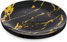 10 Pack Hard Plastic 10" Plates - Marble Look Black and Gold