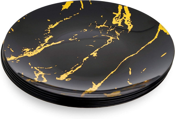 10 Pack Hard Plastic 8" Plates - Marble Look Black and Gold