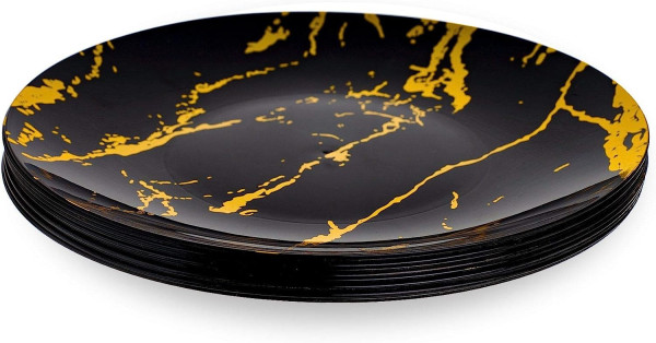 10 Pack Hard Plastic 9 Plates Marble Look Black and Gold