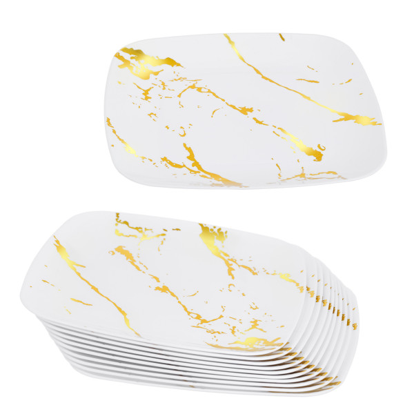 10 Pack White and Gold Marble-Look Square 8.5" Dinner Plates