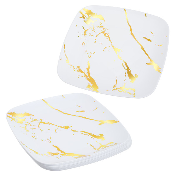 10 Pack White and Gold Marble-Look Square 10" Dinner Plates