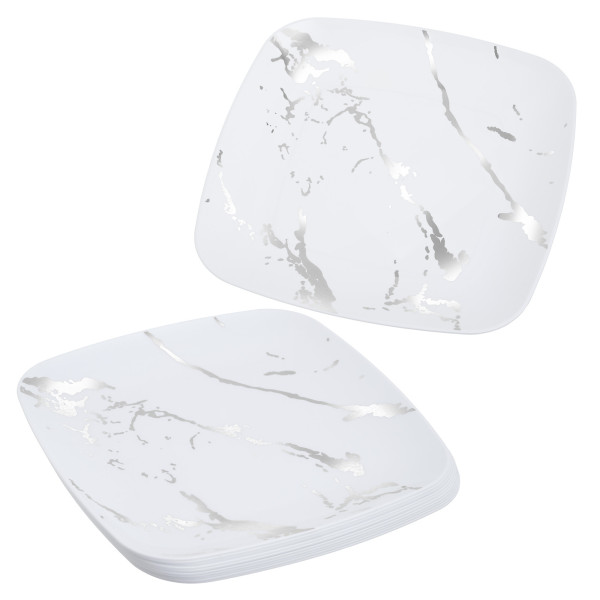 10 Pack White and Silver Marble-Look Square 10" Dinner Plates
