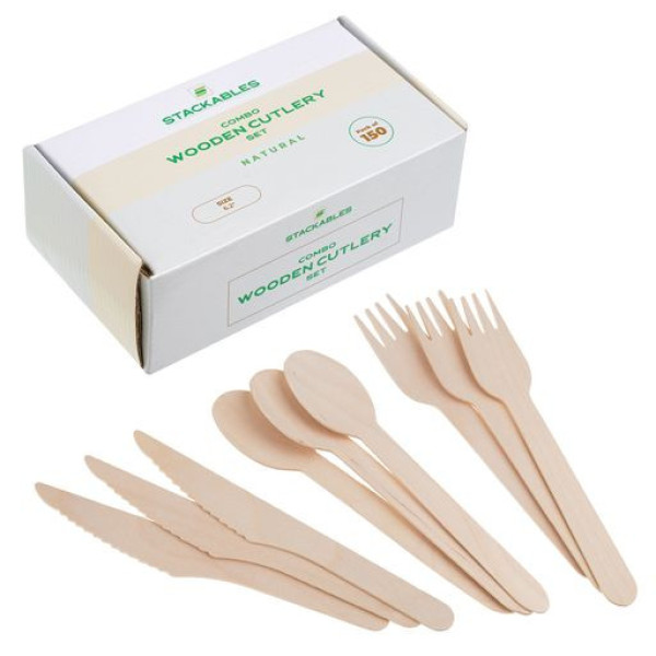 150pc Wooden Cutlery Set - 50 Forks, Spoons & Knives
