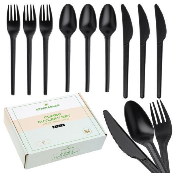 150pcs Cutlery Set Black Biodegradable CPLA Spoons Forks & Knives