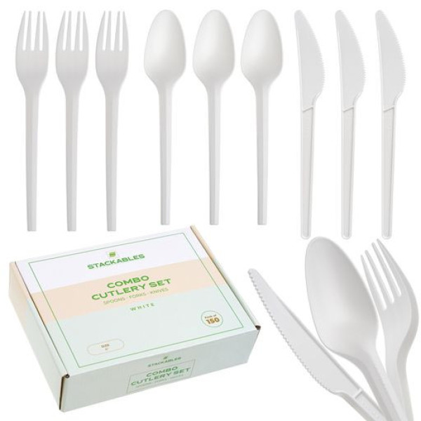 150pcs Cutlery Set White Biodegradable CPLA Spoons Forks & Knives