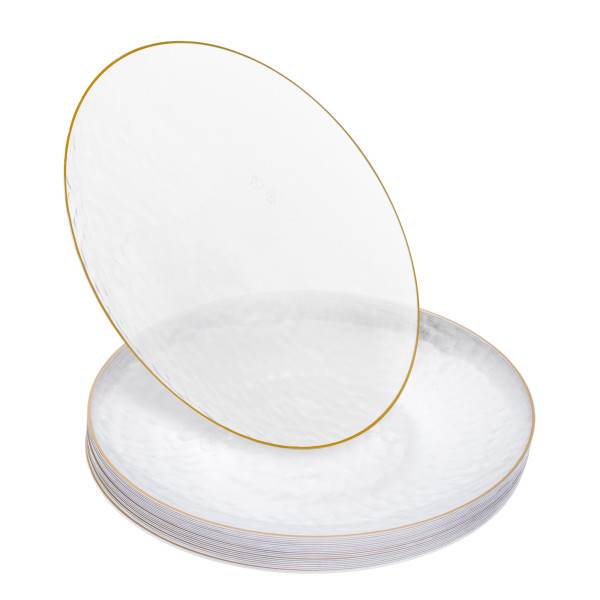 20 Pack 10" Clear Hammered Plastic Plates with Gold Rim