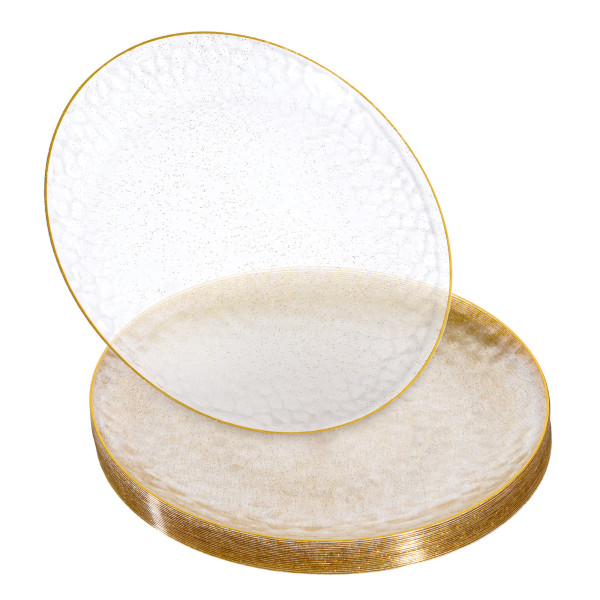 20 Pack 10 Clear Plastic Plates Hammered Designed with Gold Glitter Gold Rim