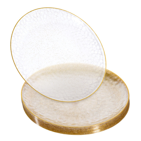 20 Pack 10" Clear Plastic Plates Hammered Designed with Gold Glitter & Gold Rim