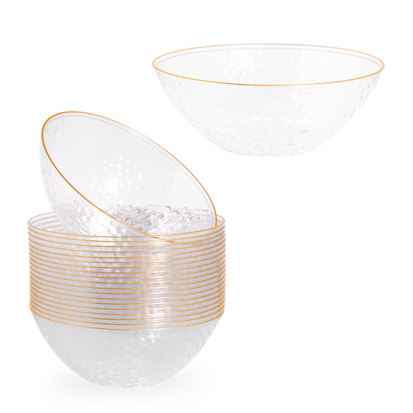 20 Pack 16oz Clear Plastic Bowls Hammered Designed with Gold Rim