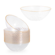 20 Pack 16oz Clear Plastic Bowls Hammered Designed with Gold Rim