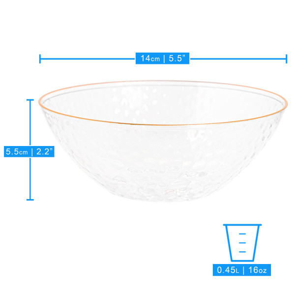 20 Pack 16oz Clear Hammered Plastic Bowls with Gold Rim