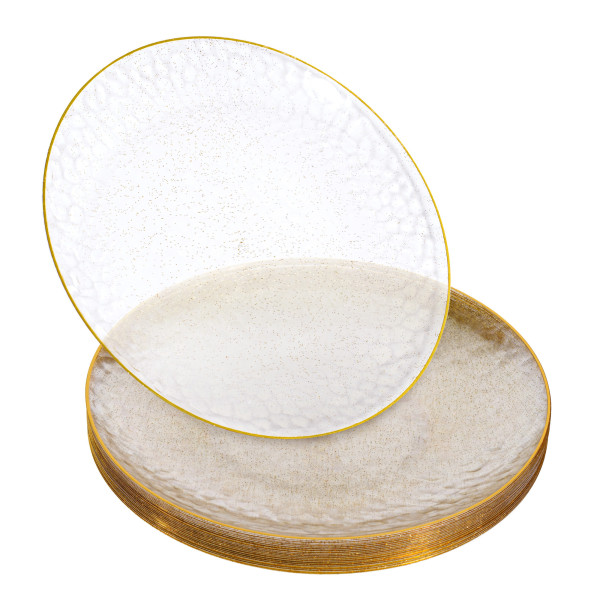 20 Pack 9" Plastic Plates Hammered Designed with Gold Glitter & Gold Rim